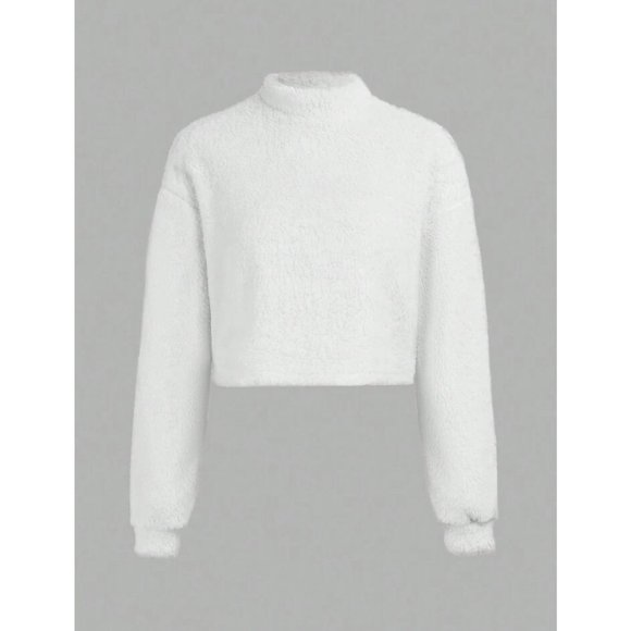 NEW (2) Solid Color Mock Neck Cropped Plush Sweaters Pink/White L - Picture 7 of 8